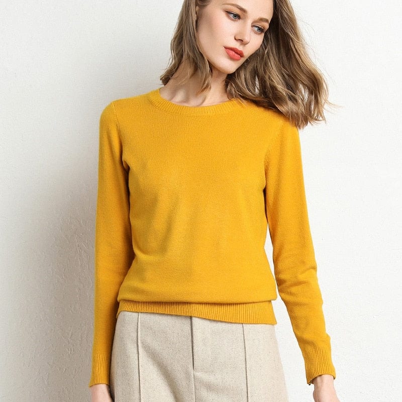 Jersey mujer de lana y cachemira cuello redondo corte ajustado
