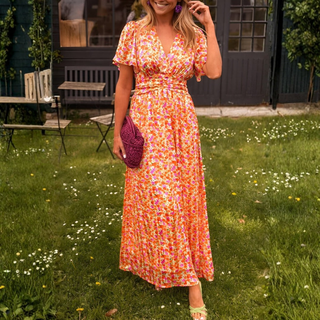 Vestido Largo Mujer de Tela Estampada Escote en V - Mavetta