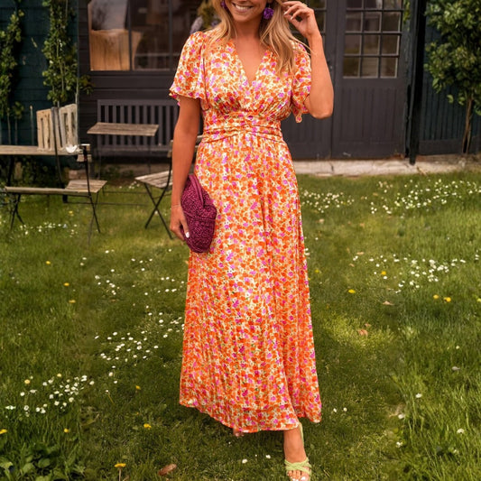 Vestido Largo Mujer de Tela Estampada Escote en V - Mavetta