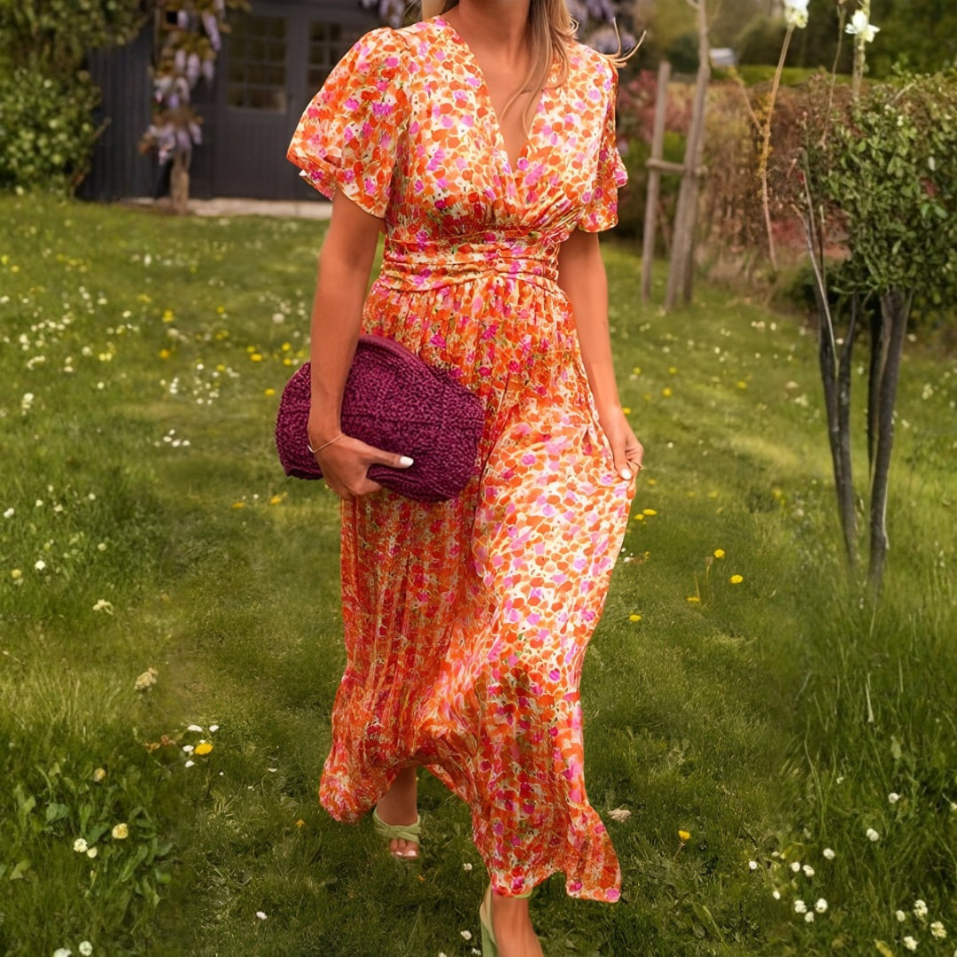 Vestido Largo Mujer de Tela Estampada Escote en V
