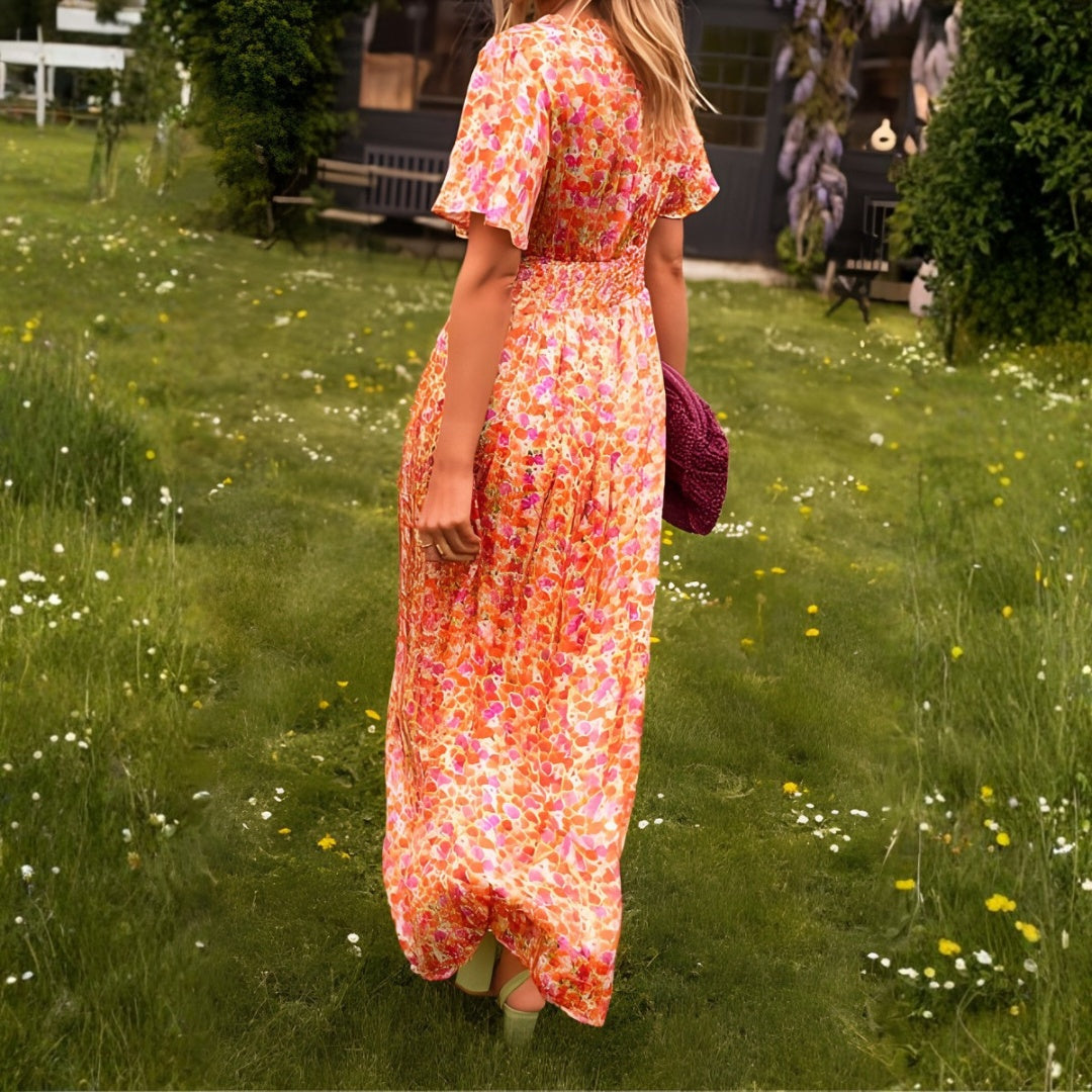 Vestido Largo Mujer de Tela Estampada Escote en V