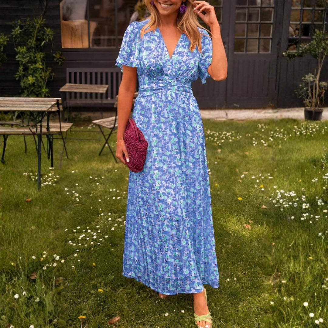 Vestido Largo Mujer de Tela Estampada Escote en V