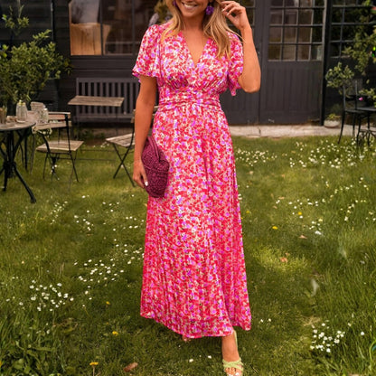 Vestido Largo Mujer de Tela Estampada Escote en V