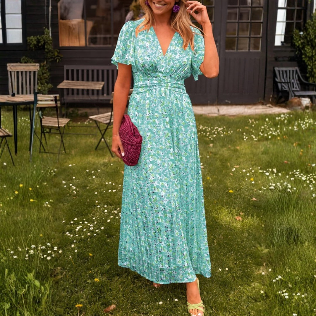 Vestido Largo Mujer de Tela Estampada Escote en V