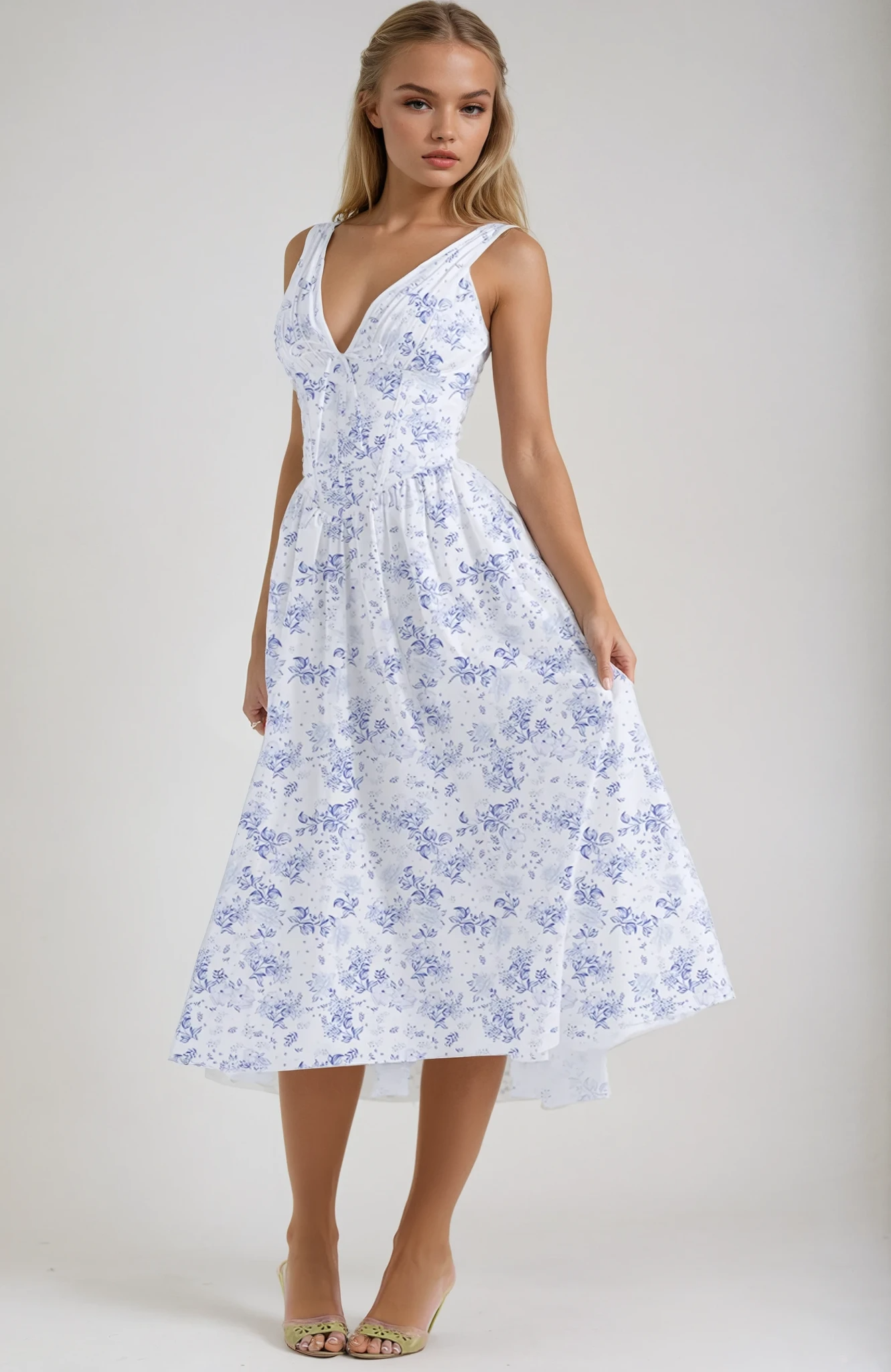 Vestido midi mujer con estampado floral escote en V