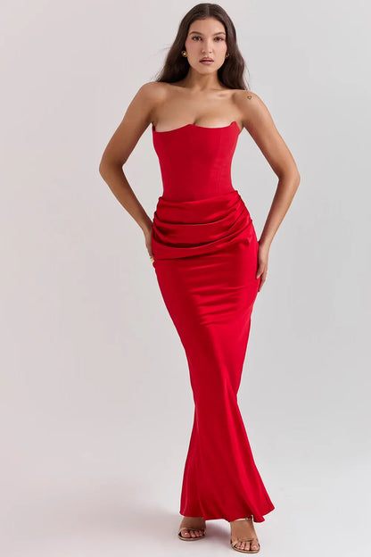 Vestido maxi mujer de satén sin tirantes fruncido favorecedor