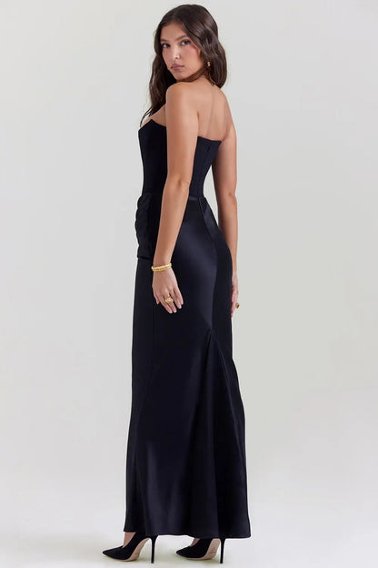 Vestido maxi mujer de satén sin tirantes fruncido favorecedor