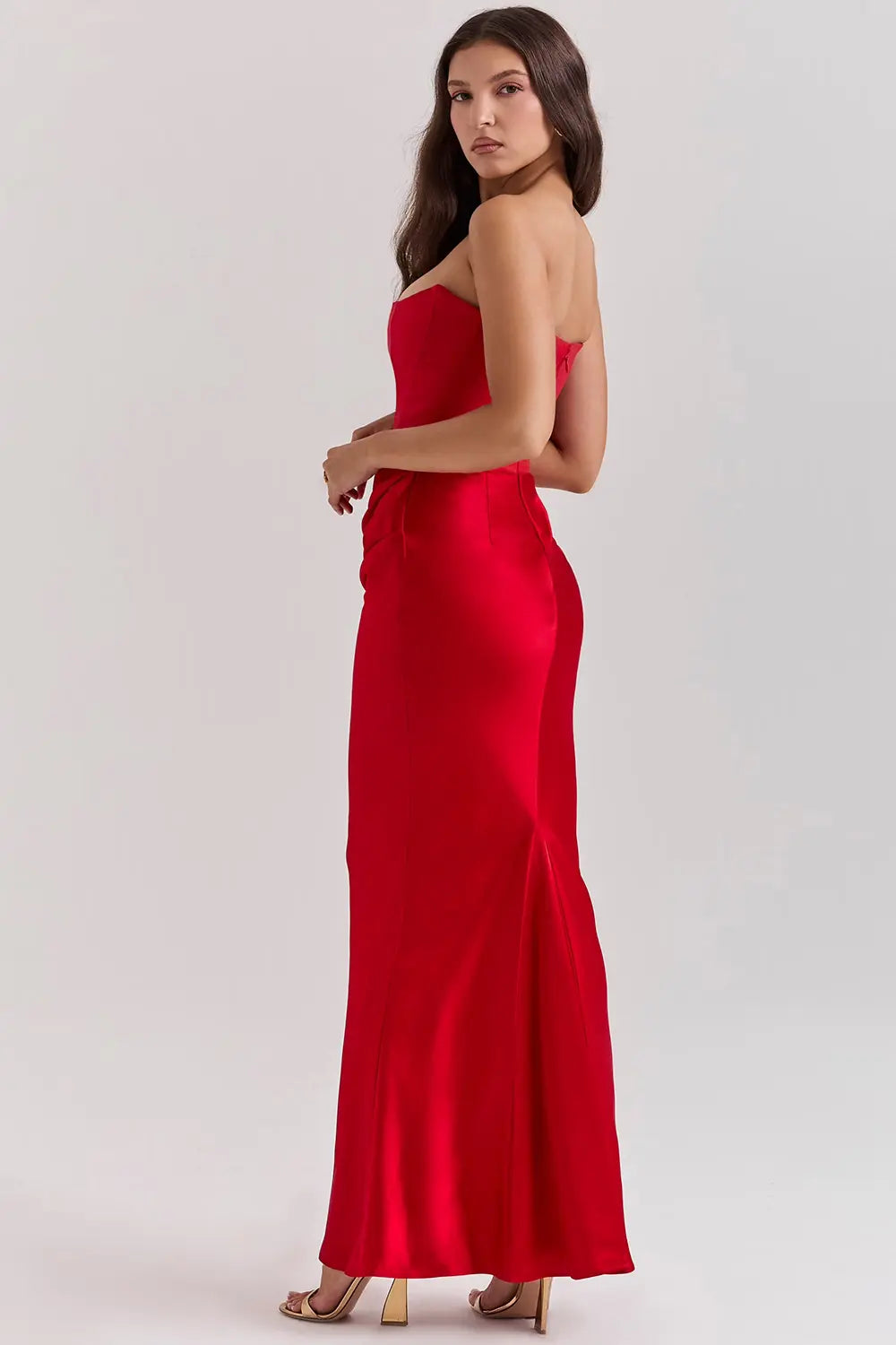 Vestido maxi mujer de satén sin tirantes fruncido favorecedor