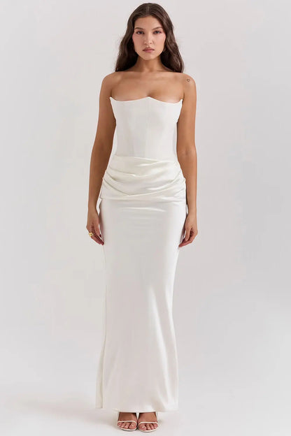 Vestido maxi mujer de satén sin tirantes fruncido favorecedor