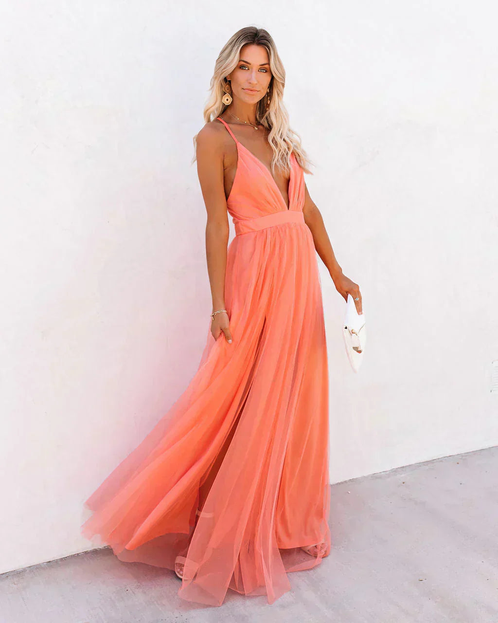 Vestido largo mujer escote en v y abertura alta - Mavetta