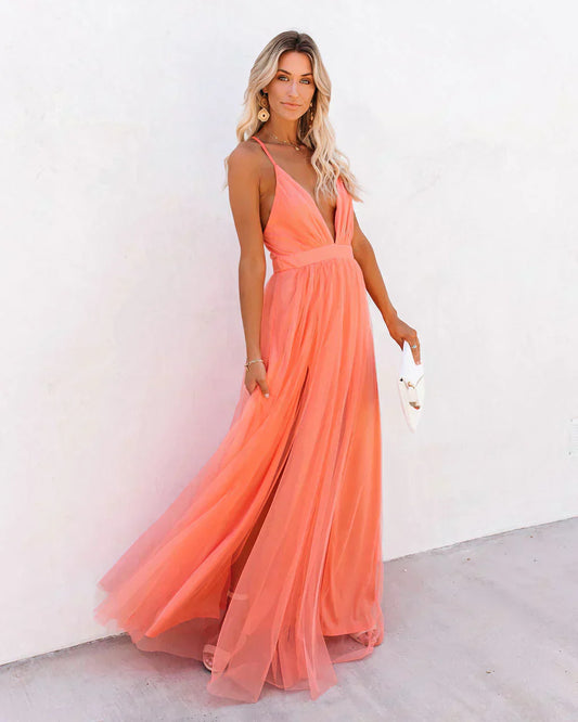 Vestido largo mujer escote en v y abertura alta - Mavetta