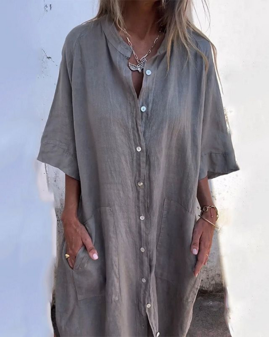 Vestido Camisero Mujer de Lino Largo con Botones - Mavetta