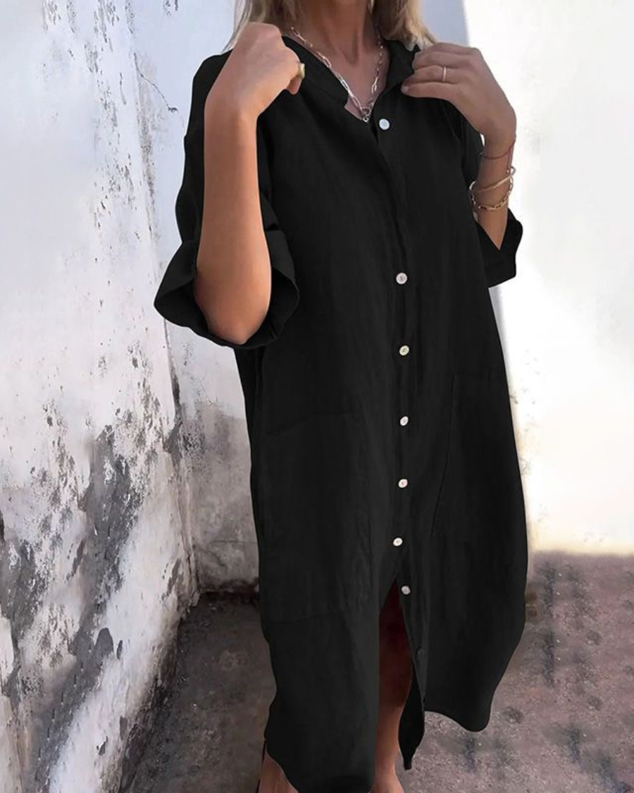 Vestido Camisero Mujer de Lino Largo con Botones