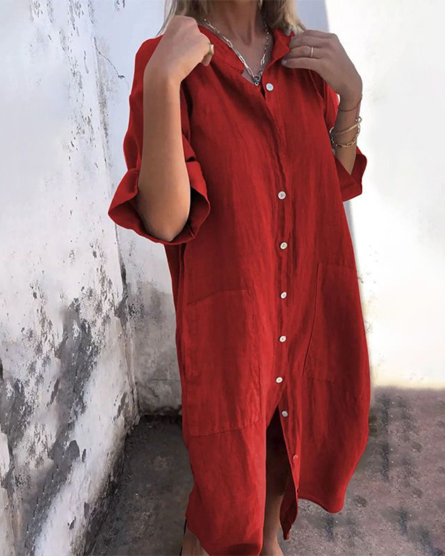 Vestido Camisero Mujer de Lino Largo con Botones