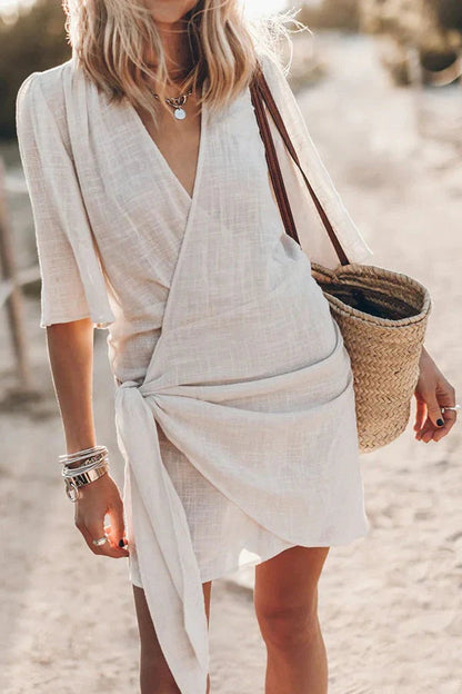 Vestido Corto Mujer Drapeado con Cinturón Ajustable