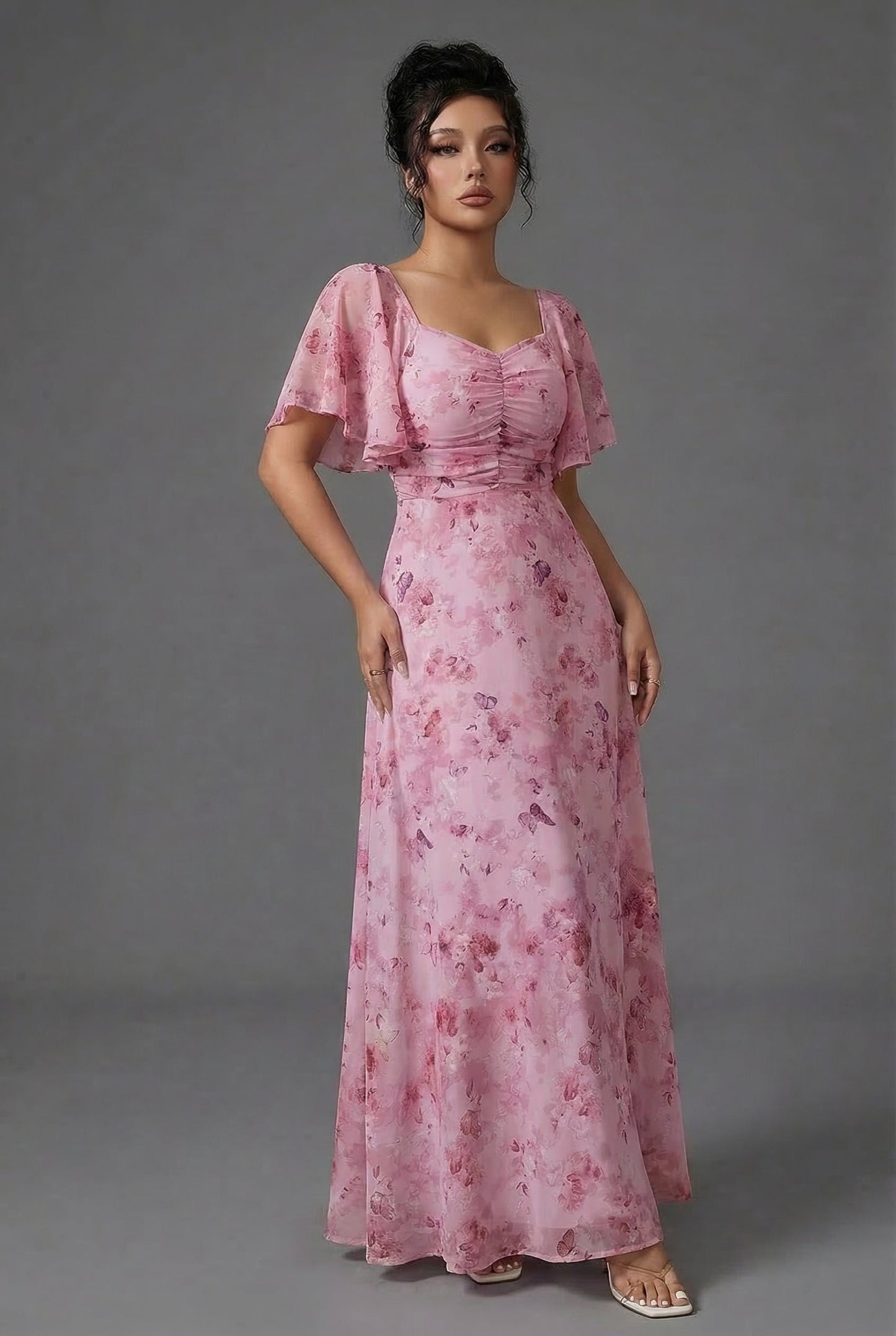 Vestido Largo Mujer Estampado Floral Mangas Volantes