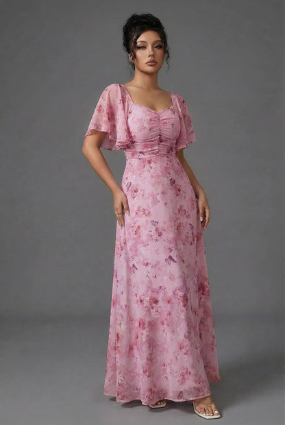 Vestido Largo Mujer Estampado Floral Mangas Volantes
