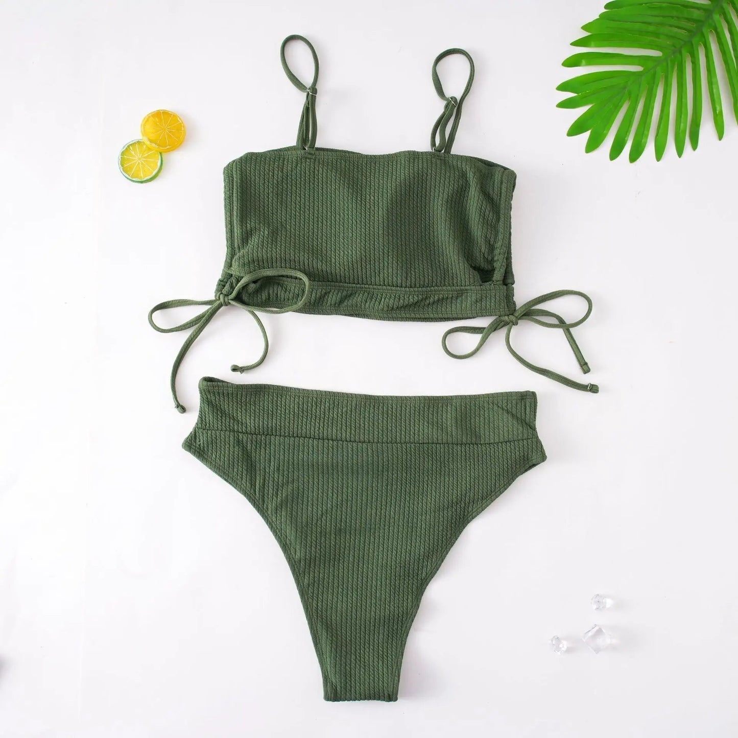 Bikini Mujer Tejido Acanalado Tirantes Ajustables Lazos Laterales