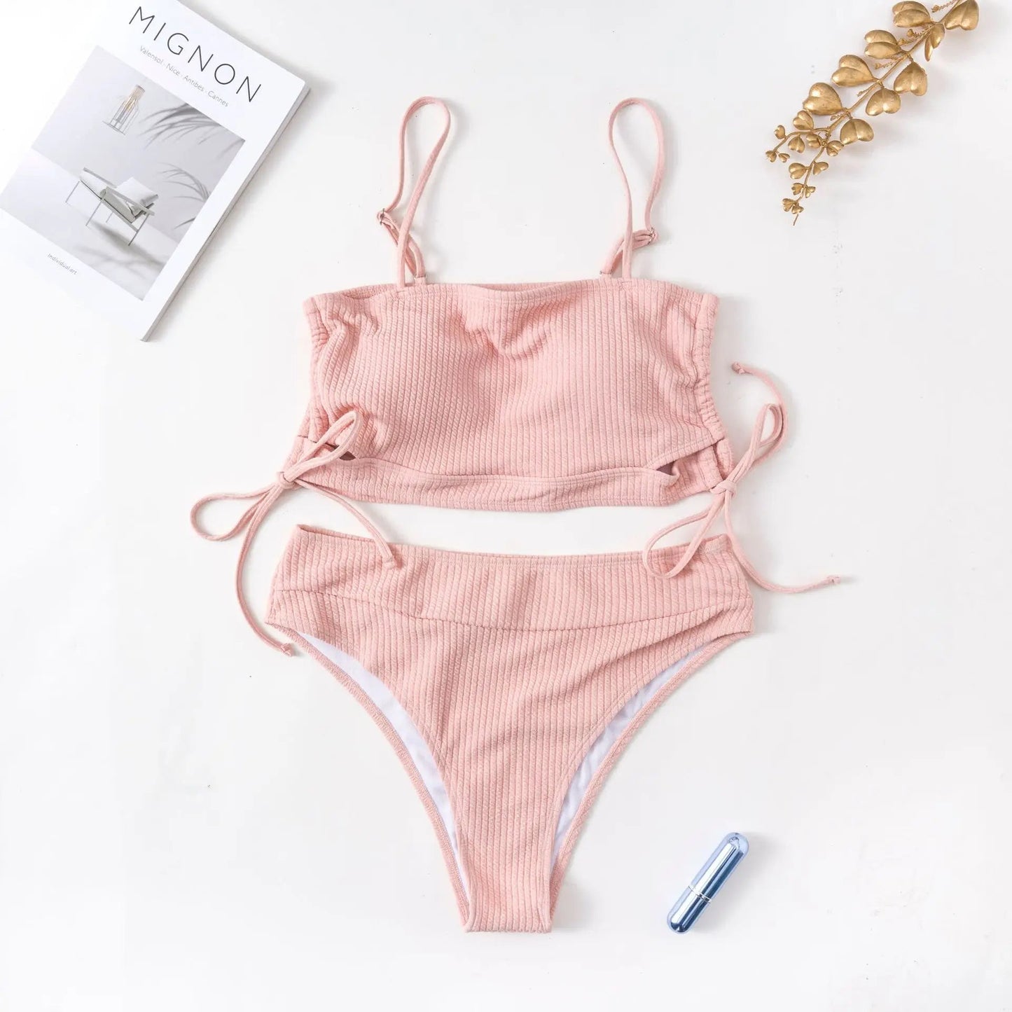Bikini Mujer Tejido Acanalado Tirantes Ajustables Lazos Laterales