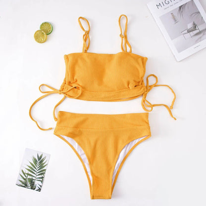 Bikini Mujer Tejido Acanalado Tirantes Ajustables Lazos Laterales