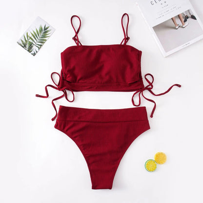 Bikini Mujer Tejido Acanalado Tirantes Ajustables Lazos Laterales