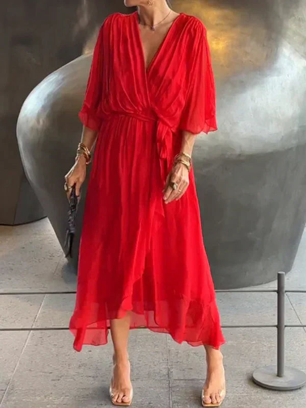 Vestido cruzado mujer Midi con cinturón y escote en pico