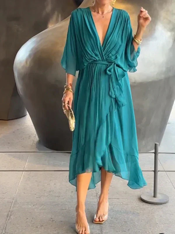 Vestido cruzado mujer Midi con cinturón y escote en pico