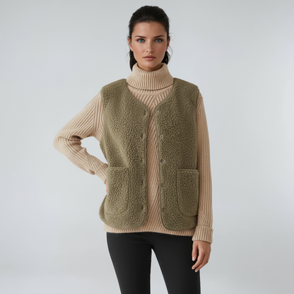 Chaleco Mujer Mezcla de Lana Botones Bolsillos