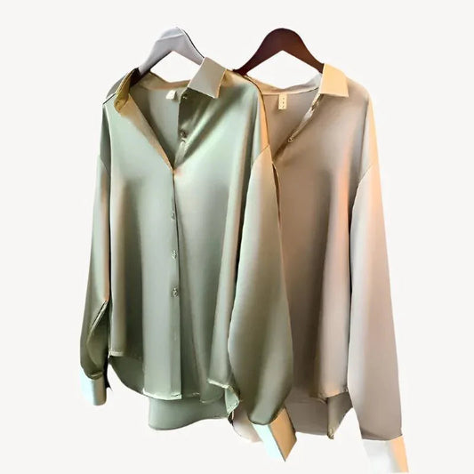 Camisa mujer de satén manga larga con botones y cuello solapa - Mavetta