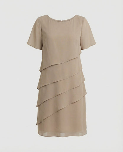 Vestido Mujer de Gasa Corte en Capas Cuello Redondo Manga Corta