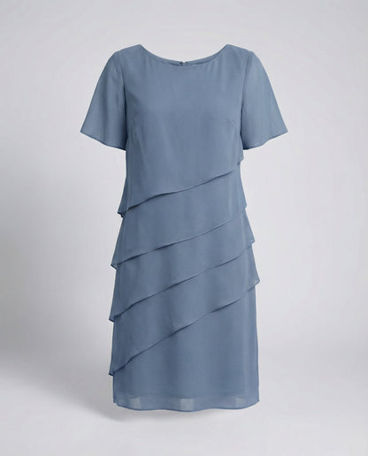 Vestido Mujer de Gasa Corte en Capas Cuello Redondo Manga Corta