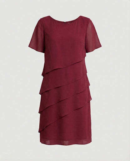 Vestido Mujer de Gasa Corte en Capas Cuello Redondo Manga Corta