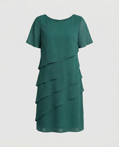 Vestido Mujer de Gasa Corte en Capas Cuello Redondo Manga Corta