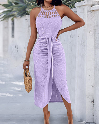 Vestido midi mujer Jacquard halter abertura verano