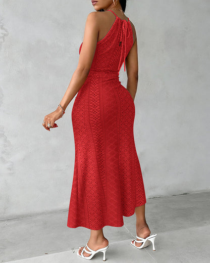 Vestido midi mujer Jacquard halter abertura verano