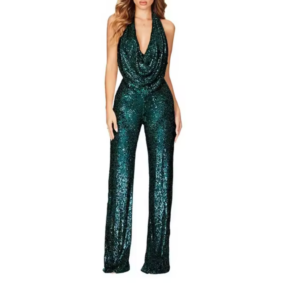 Mono Mujer con Lentejuelas y Cuello Halter Elegante