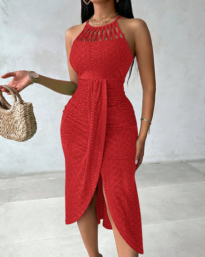 Vestido midi mujer Jacquard halter abertura verano
