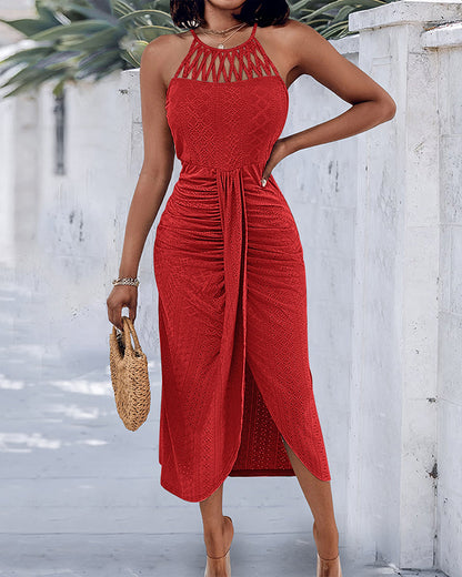 Vestido midi mujer Jacquard halter abertura verano