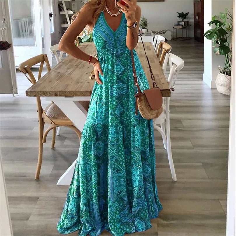 Vestido Maxi Mujer Tirantes Finos Cuello en V Estilo Bohemio - Mavetta