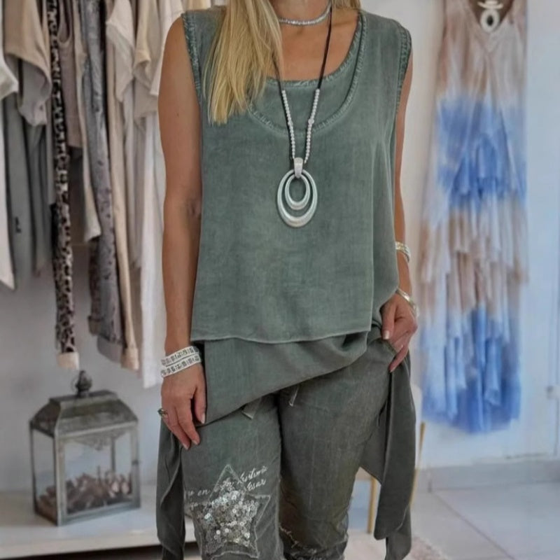 Conjunto Mujer Asimétrico y Pantalones Estampados