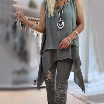 Conjunto Mujer Asimétrico y Pantalones Estampados