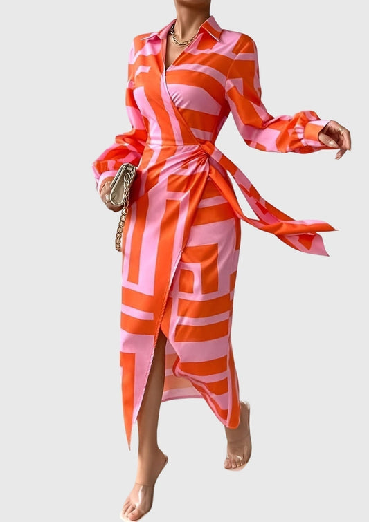 Vestido Largo Mujer Camisero con Cinturón Estampado Geométrico - Mavetta