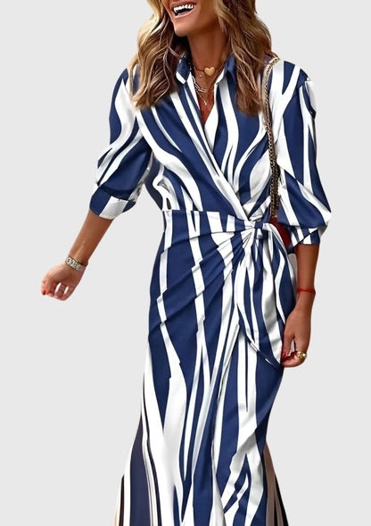 Vestido Largo Mujer Camisero con Cinturón Estampado Geométrico