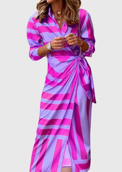 Vestido Largo Mujer Camisero con Cinturón Estampado Geométrico