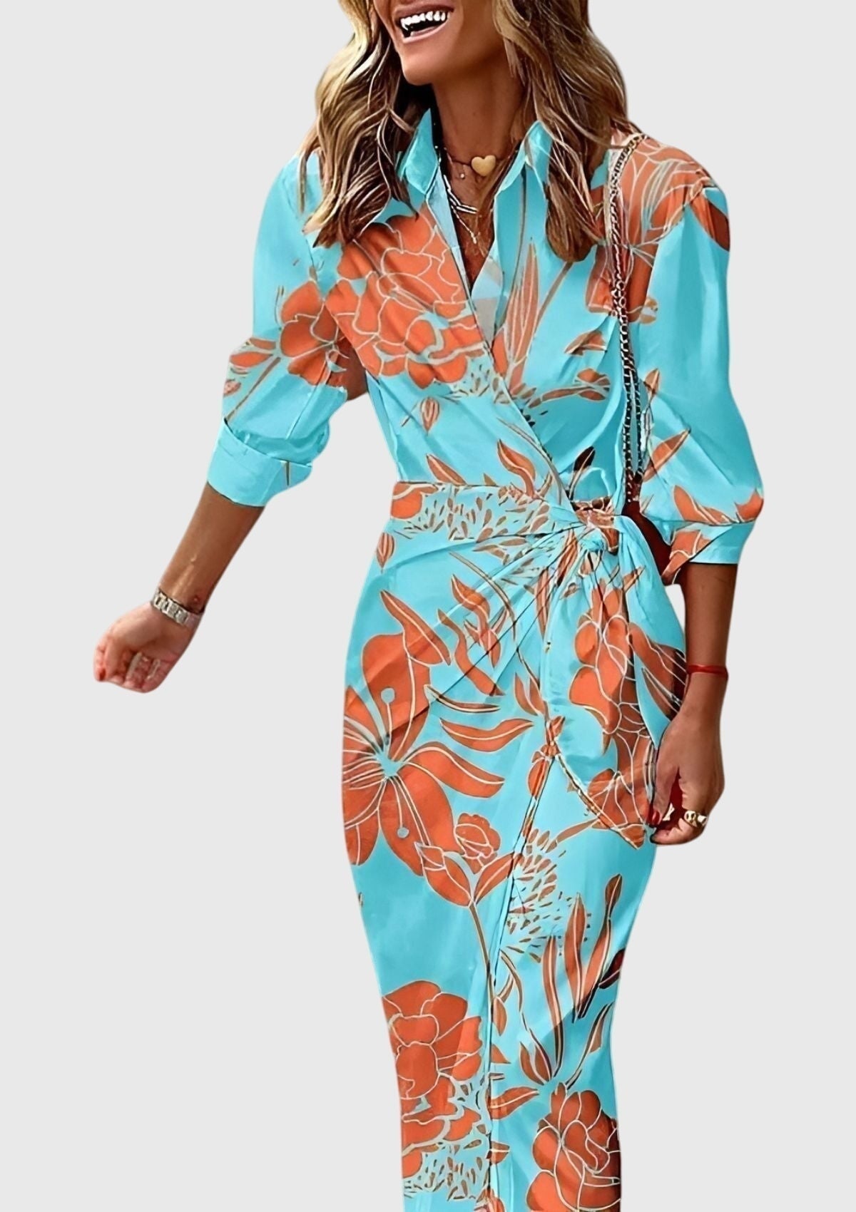 Vestido Largo Mujer Camisero con Cinturón Estampado Geométrico