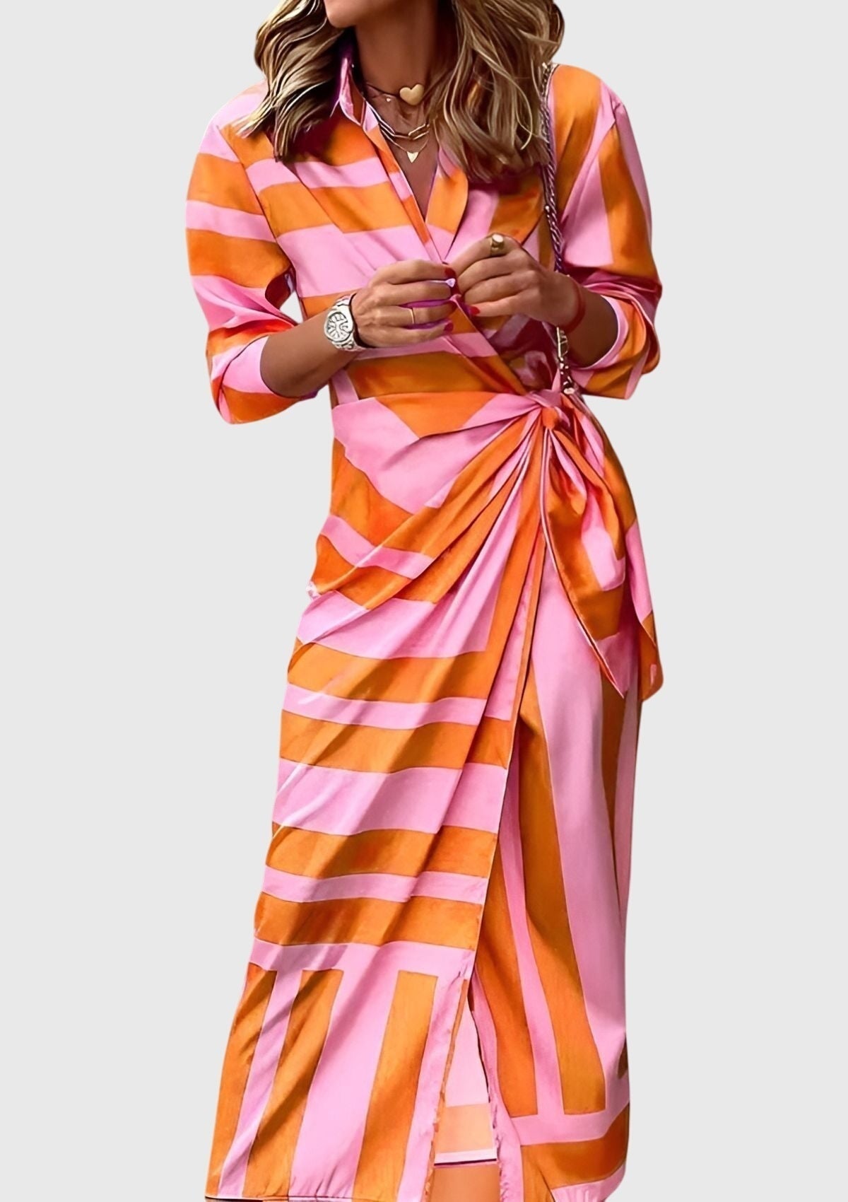 Vestido Largo Mujer Camisero con Cinturón Estampado Geométrico