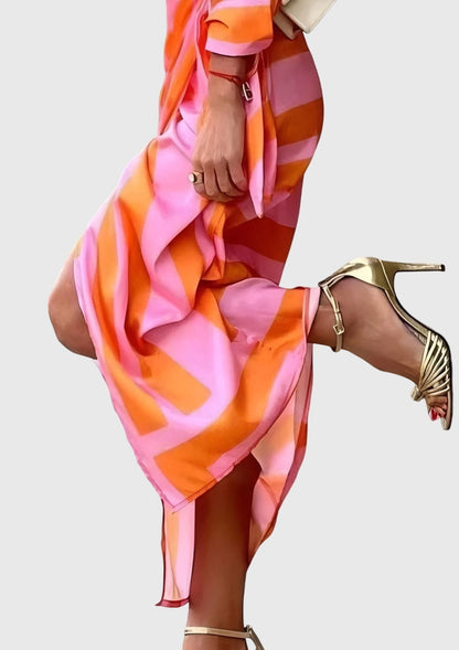 Vestido Largo Mujer Camisero con Cinturón Estampado Geométrico