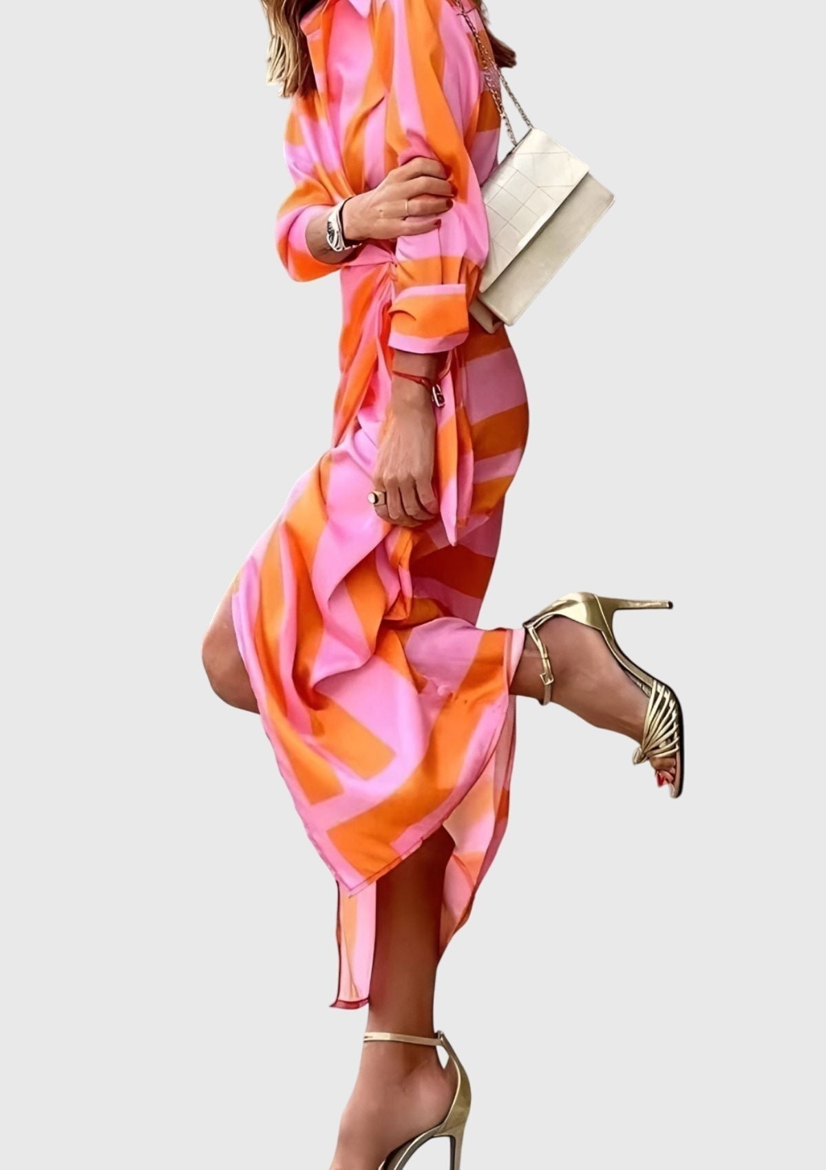 Vestido Largo Mujer Camisero con Cinturón Estampado Geométrico