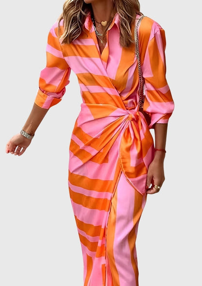 Vestido Largo Mujer Camisero con Cinturón Estampado Geométrico