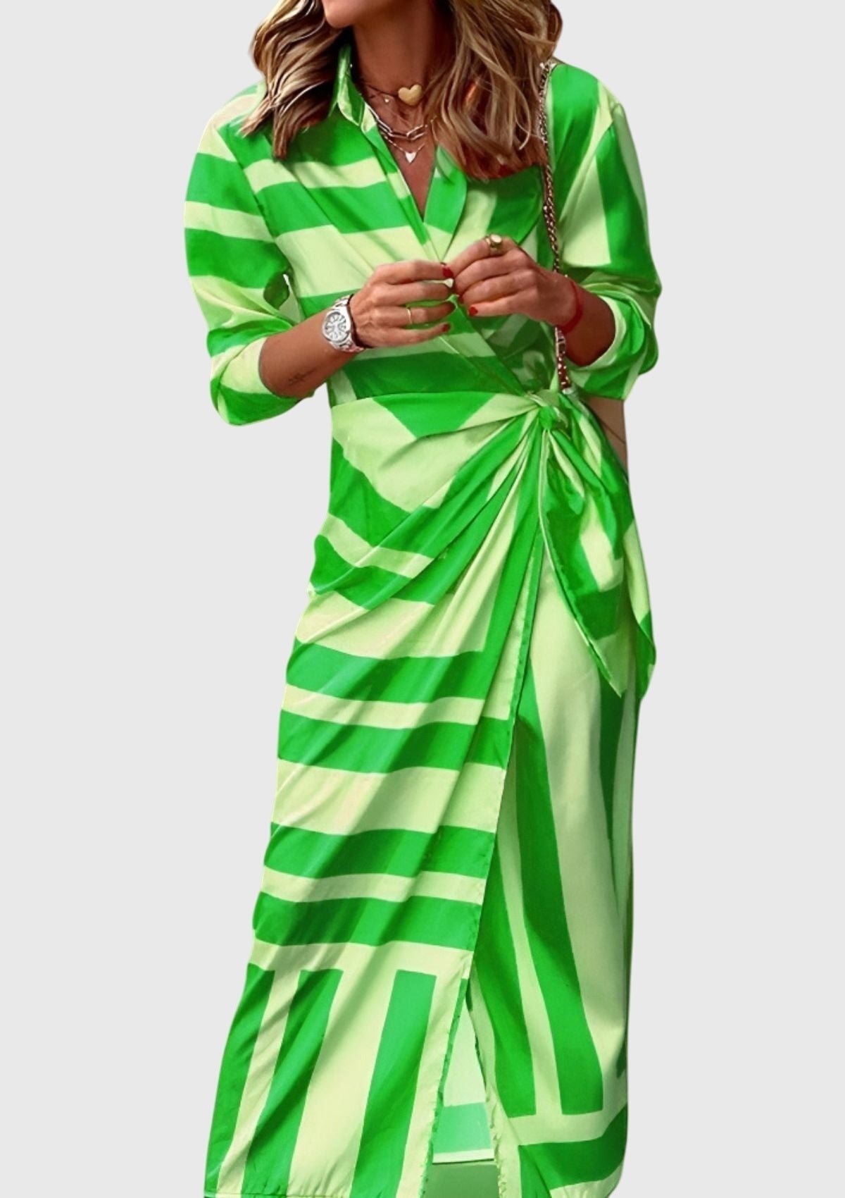 Vestido Largo Mujer Camisero con Cinturón Estampado Geométrico